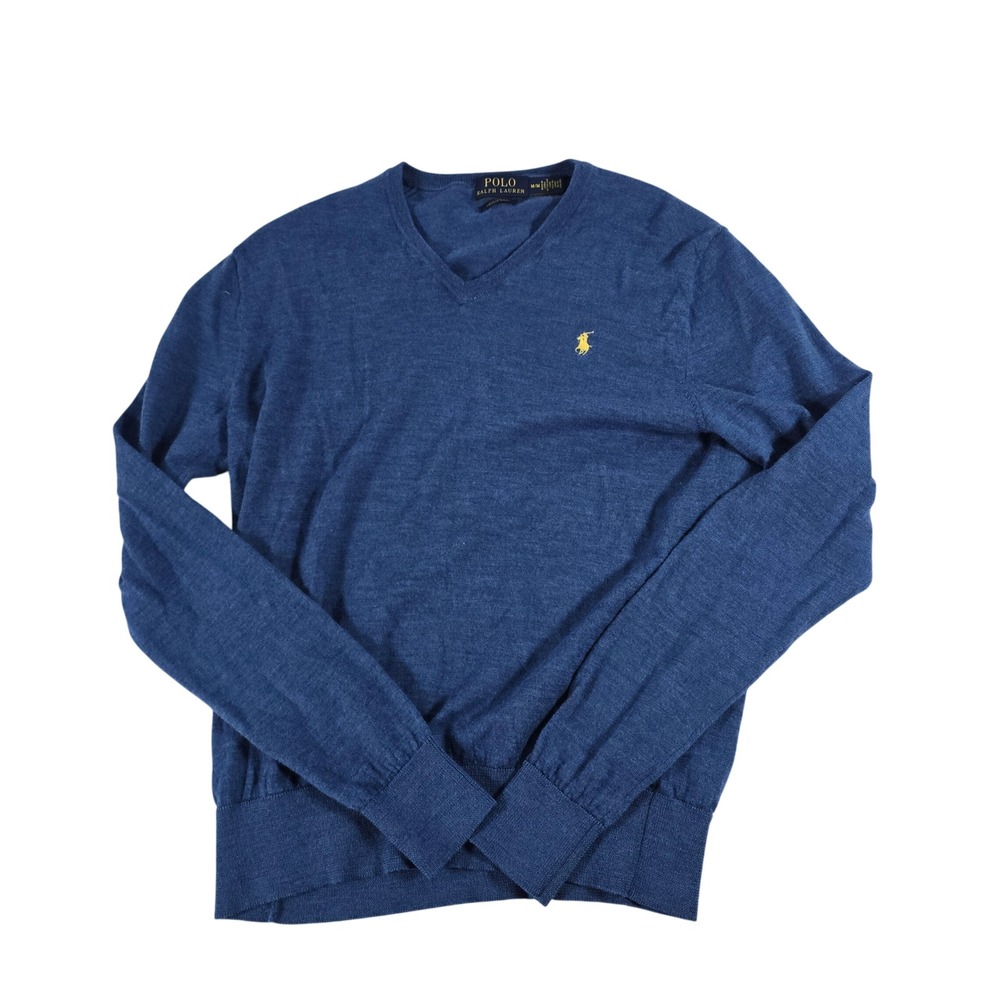 Polo Ralph Lauren Mens‎ Blue Merino Wool V-Neck Sweater Custom Fit Medium 12148